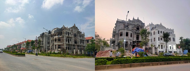 Hình ảnh hai công trình biệt thự bề thế tại Khu đô thị mới Phú Lương đang trong quá trình hoàn thiện, khác với các căn biệt thự xung quanh. Ảnh chụp tháng 9 (trái) và tháng 12/2022 (phải). 