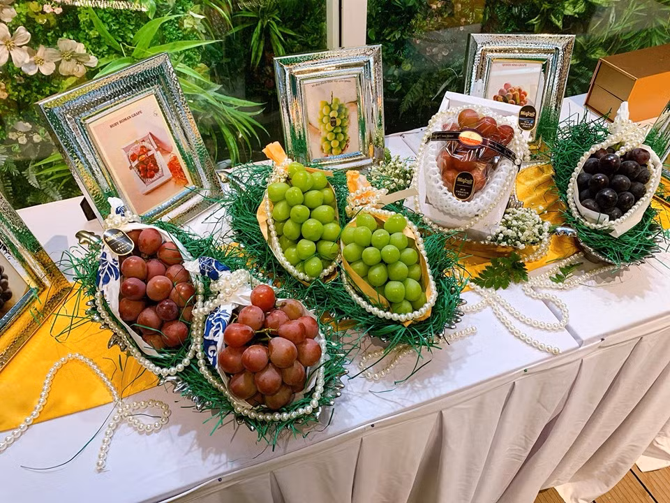 Trong sự kiện đặc biệt này, các vị khách mời được thưởng thức 5 loại nho đắt nhất thế giới đến từ Nhật gồm: Ruby Roman, mẫu đơn, Pione, Queen Nina và nho chuỗi ngọc.