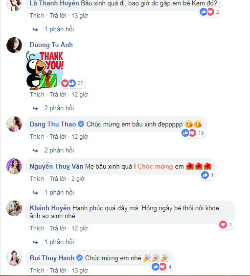 Thông tin úp mở chuyện Á hậu Tú Anh sinh con khiến các sao nữ Việt như HH Đặng Thu Thảo, Á hậu Thụy Vân hay người mẫu Thúy Hạnh... nô nức vào trang cá nhân của người đẹp gửi lời chúc mừng.