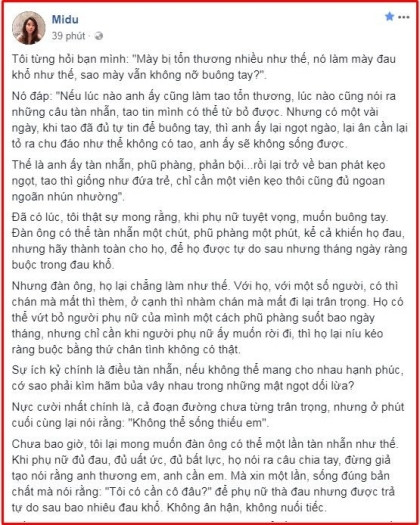 Về phía Midu, cô tiếp tục đăng tải dòng trạng thái dài nghi vấn "đá xéo" Phan Thành khi cho biết có một người từng nói yêu cô rất nhiều, thiếu cô không thể sống được nhưng đã "nhẫn tâm, phũ phàng, phản bội..." cô. Sau đó lại dành những lời ngon ngọt để xin lỗi rồi lại ích kỉ.
