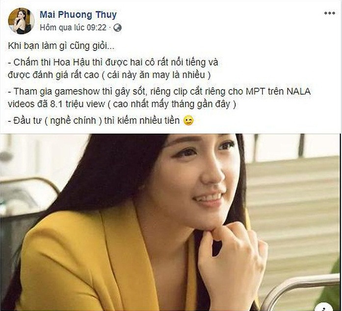 Năm 2019, Mai Phương Thúy có nhiều phát ngôn gây sốc. Không chỉ tự tin khẳng định "chưa từng thua lỗ" khi đầu tư chứng khoán và muốn biết cảm giác lỗ như thế nào, Hoa hậu Việt Nam 2006 còn gây tò mò khi chia sẻ trong một bài phỏng vấn trên Trí Thức Trẻ: "Em thích chứng khoán vì nó minh bạch. Em không phải người giỏi đi quan hệ, so với phải đi quan hệ nói cười xin dự án, ngồi ở nhà tự mày mò vẫn vui hơn nhiều. Em cũng không thích nhờ vả ai. Thỉnh thoảng bí quá thì "vay" tiền bạn trai, rồi em bù đắp bằng tình cảm".