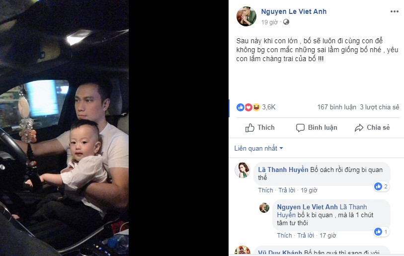 Mới đây nhất, Việt Anh - Hương Trần lại vướng tin đồn rạn nứt khi liên tục bày tỏ tâm trạng trên trang cá nhân. Dù đang bận việc ở Đà Lạt nhưng Việt Anh vẫn ngậm ngùi bày tỏ với con trai: "Sau này khi con lớn, bố sẽ luôn đi cùng con để không bao giờ con mắc những sai lầm giống bố nhé. Yêu con lắm chàng trai của bố". Khi được diễn viên Lã Thanh Huyền động viên, Việt Anh cho biết chỉ "bày tỏ chút tâm tư chứ không bi quan".