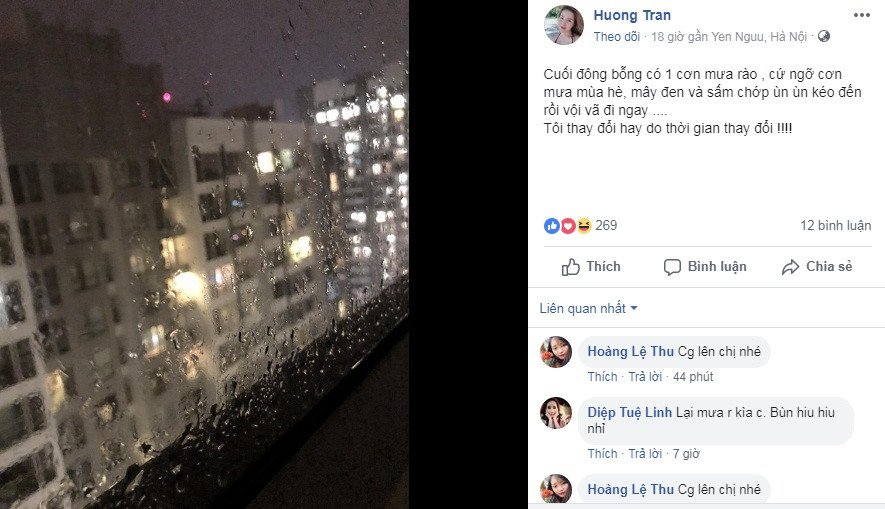 Ngay sau đó, bà xã Việt Anh cũng có những dòng chia sẻ gây tò mò: "Cuối đông bỗng có 1 cơn mưa rào, cứ ngỡ cơn mưa mùa hè, mây đen và sấm chớp ùn ùn kéo đến rồi vội vã đi ngay, tôi thay đổi hay do thời gian thay đổi". Status này khiến cô nhận được nhiều lời động viên "cố gắng lên chị nhé" của fan.