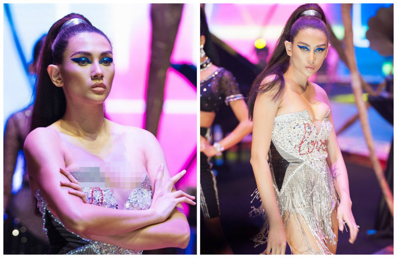 Dù đã 3 lần phẫu thuật thu nhỏ vòng một nhưng nữ HLV The Face Vietnam 2018 vẫn liên tiếp gặp sự cố "lộ hàng". Trong show diễn thời trang của NTK Đỗ Long cuối tháng 6/2018, Võ Hoàng Yến gây choáng với trang phục bó sát như muốn "bức tử" vòng một, khiến cô gặp phải sự cố lộ ngực ngoài ý muốn. Ảnh: VNN.