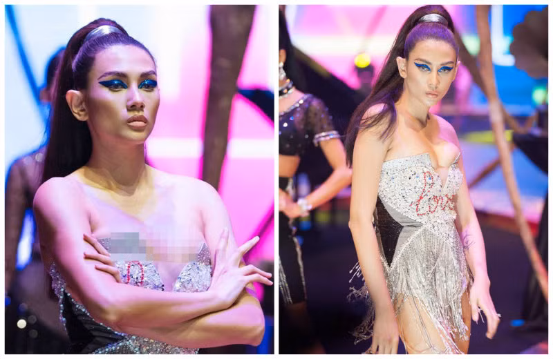 Dù đã 3 lần phẫu thuật thu nhỏ vòng một nhưng nữ HLV The Face Vietnam 2018 vẫn liên tiếp gặp sự cố "lộ hàng". Trong show diễn thời trang của NTK Đỗ Long cuối tháng 6/2018, Võ Hoàng Yến gây choáng với trang phục bó sát như muốn "bức tử" vòng một, khiến cô gặp phải sự cố lộ ngực ngoài ý muốn. Ảnh: VNN.
