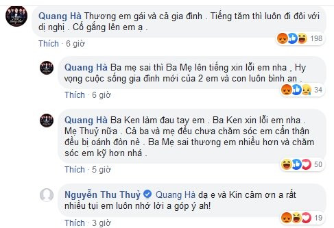 Ca sĩ Quang Hà thì bày tỏ cảm thông: "Thương em gái và cả gia đình. Tiếng tăm thì luôn đi đôi với dị nghị, cố gắng lên em ạ". Dòng bình luận này của anh cũng nhận phải hàng trăm biểu tượng phẫn nộ của dân mạng.