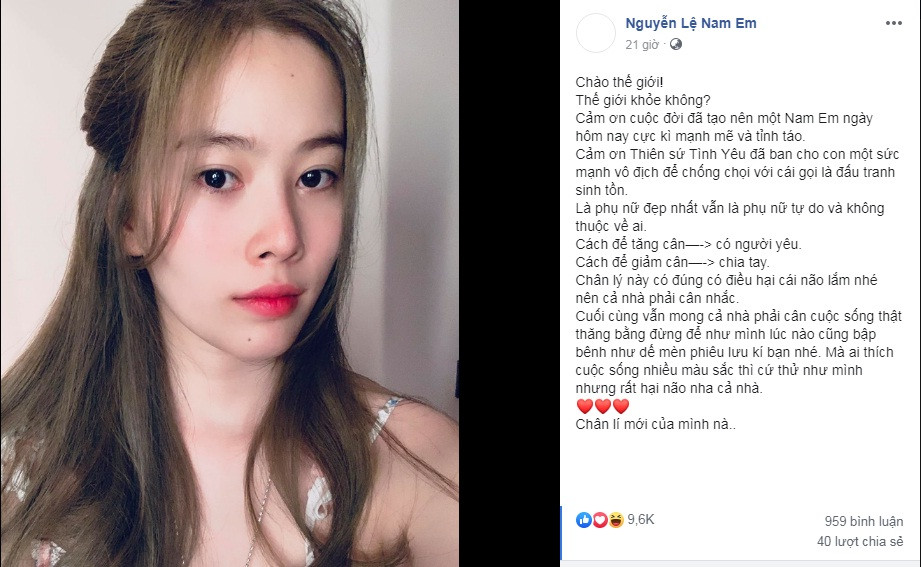 Mới đây, Nam Em gửi lời "chào thế giới" bằng một bức ảnh chụp cận cảnh gương mặt mộc khá xinh đẹp cùng những dòng triết lý đầy lạc quan về tình yêu và cuộc sống. Ảnh: FBNV.