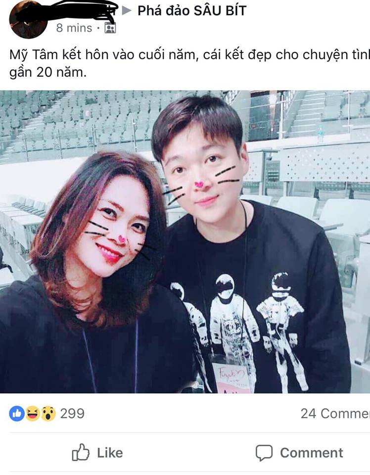 Mới đây, một thành viên của fanpage chuyên "tám" chuyện showbiz khiến dân tình xôn xao khi đăng tải thông tin chắc nịch: " Mỹ Tâm kết hôn vào cuối năm, cái kết đẹp cho chuyện tình gần 20 năm". Ảnh chụp màn hình.