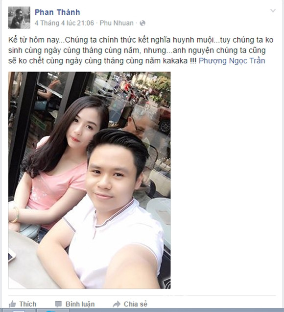 Sau quãng thời gian mệt mỏi vì bị Midu hủy hôn, Phan Thành rạng rỡ trở lại và khá thoải mái khi xuất hiện bên cạnh các bóng hồng. Đầu tháng 4/2016, thiếu gia Sài thành bất ngờ khoe em gái kết nghĩa xinh như mộng.