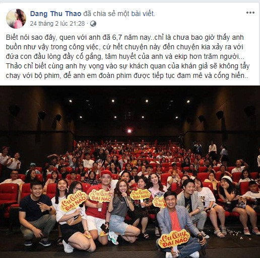 Lý do khiến Hoa hậu Việt Nam 2012 bị "ném đá" bắt nguồn từ việc người đẹp lên tiếng kêu gọi khán giả không tẩy chay phim "Vu quy đại náo" của người anh thân thiết là đạo diễn Lê Thiện Viễn. Phim có sự xuất hiện của Lâm Vinh Hải và bạn gái Linh Chi - cặp đôi đang vướng ồn ào với vợ cũ của nam vũ công quanh chuyện kỳ kèo tiền trợ cấp cho con.