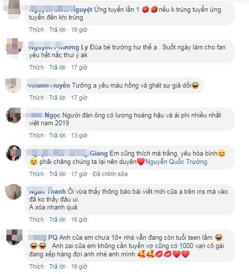 Không chỉ trên phim, Vũ của "Về nhà đi con" ngoài đời cũng rất điển trai, giàu có và thành đạt. Bảo sao khi Quốc Trường vừa đăng thông báo tuyển vợ với nội dung: "Bé Trường thích màu trắng yêu hoà bình! Bé 18 tuổi đang tuyển vợ", là hàng ngàn fan nữ xin ứng tuyển.