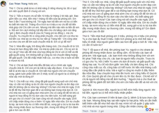 Theo đó, người mẫu sinh năm 1993 đăng bài viết dài 1000 chữ với nội dung gồm 7 điều khá mạch lạc và bài bản chứng minh cô hoàn toàn không quỵt tiền nhà. "Tâm thư" dài như sớ của cô cũng làm rõ những khuất tất về tiền bạc giữa hai bên. Ảnh: FBNV.