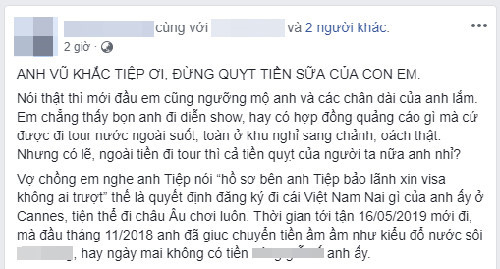 Cụ thể, tài khoản P.H cho biết cô và chồng đã đăng ký dự đêm tiệc của Khắc Tiệp tại Cannes và chuyển khoản hơn 100 triệu đồng. Vì lý do gia đình nên không đi được, cặp vợ chồng này muốn xin hoàn lại tiền nhưng bị từ chối.