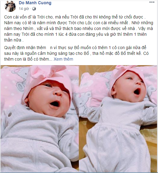 Về việc mới nhận nuôi thêm người con thứ 6, nhà thiết kế sinh năm 1981 chia sẻ xúc động trên trang cá nhân: "Con cái vốn dĩ là Trời cho, mà nếu Trời đã cho thì không thể từ chối được. Năm nay có lẽ là năm mình được trời cho lộc con cái nhiều nhất. Nhớ những năm theo Nhím, vất vả và thử thách bao nhiêu con mới được về nhà. Vậy mà năm nay trời đã cho mình 1 lúc 4 đứa con đáng yêu và giờ thì thêm 1 thiên thần nữa".