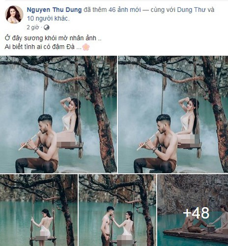 Trước đó, "Á hậu bị tước vương miện" Thư Dung cũng bị dư luận chỉ trích dữ dội vì chụp ảnh khoe thân phản cảm ở "Tuyệt tình cốc" Đà Lạt.