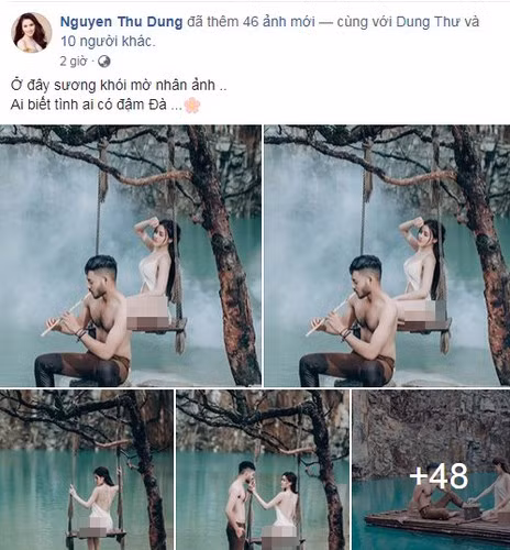 Trước đó, "Á hậu bị tước vương miện" Thư Dung cũng bị dư luận chỉ trích dữ dội vì chụp ảnh khoe thân phản cảm ở "Tuyệt tình cốc" Đà Lạt.