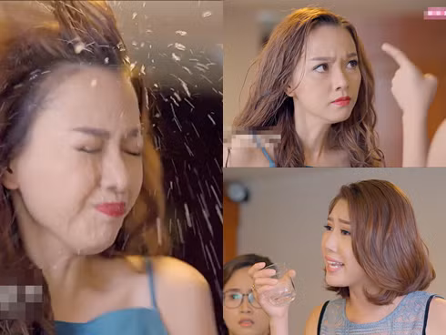 ... Nhưng khi vào vai Nhi "tiểu tam" trong "Gạo nếp gạo tẻ", Băng Di cũng chịu cảnh thê thảm khi khi bị Hân Hoa hậu (Thúy Ngân) đánh ghen thay chị gái. Sau màn mắng chửi, Hân thẳng tay hắt ly nước vào mặt Nhi cùng một cái tát đau đớn...