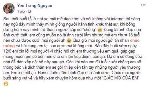 Thời điểm đó, Yến Trang cũng lên tiếng rằng: “Đúng là ảnh đẹp như ảnh cưới thật, em cũng muốn nó là ảnh cưới lắm nhưng mà em chưa 18 tuổi nên chưa được cưới mọi người ạ”, Yến Trang chia sẻ. Nữ ca sĩ còn cho hay khi nào cưới, cô sẽ thông báo và đích thân sẽ gửi thiệp mời đến tận tay mọi người.