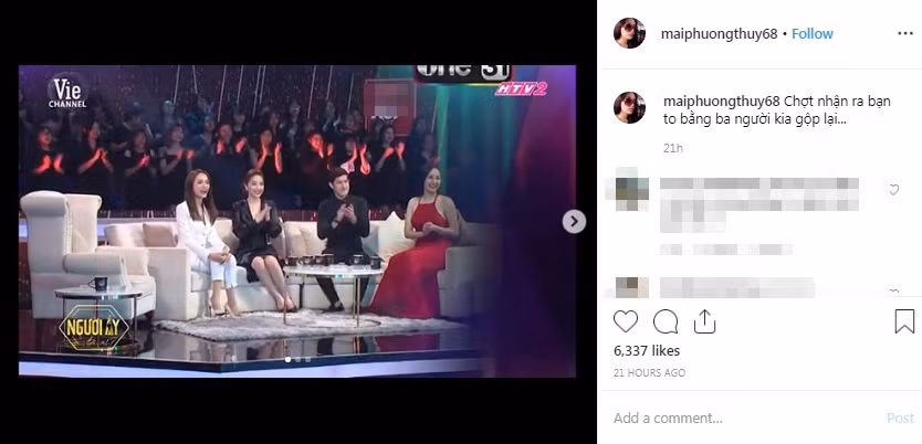 Bản thân nàng hậu cũng phải thừa nhận sự thật đau đớn khi bình luận trên Instagram cá nhân của mình rằng: "Chợt nhận ra bạn to bằng 3 người kia gộp lại".