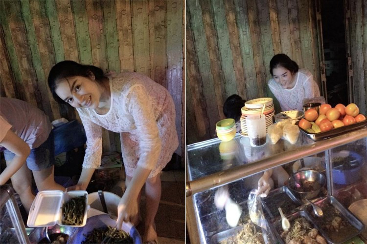 Cuộc sống ngập trong nhung lụa, sơn hào hải vị... thế nhưng cựu đại sứ du lịch không thể cưỡng lại được sức hấp dẫn của những món ăn đường phố. Cô thường xuyên được bắt gặp đi ăn vỉa hè. Ảnh: FBNV.