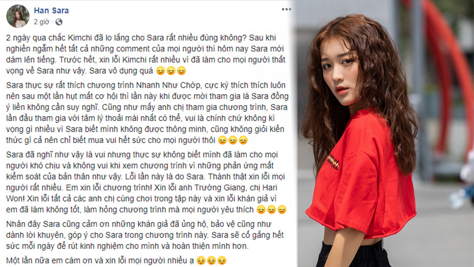 Bị phản ứng gay gắt, nữ ca sĩ 10X đã lên tiếng xin lỗi: “Sara đã nghĩ như vậy là vui nhưng thực sự không biết mình đã làm cho mọi người khó chịu và không vui khi xem chương trình vì những phản ứng mất kiểm soát của bản thân như vậy. Lỗi lần này là do Sara". Ảnh: FBNV.
