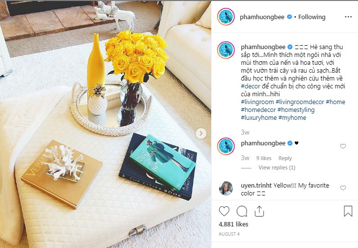 Đầu tháng 8, Phạm Hương còn hé lộ hướng đi khác khi chia sẻ: "Mình thích một ngôi nhà với mùi thơm của nến và hoa tươi, với một vườn trái cây và rau củ sạch. Bắt đầu học thêm và nghiên cứu thêm về decor (trang trí nội thất) để chuẩn bị cho công việc mới của mình".