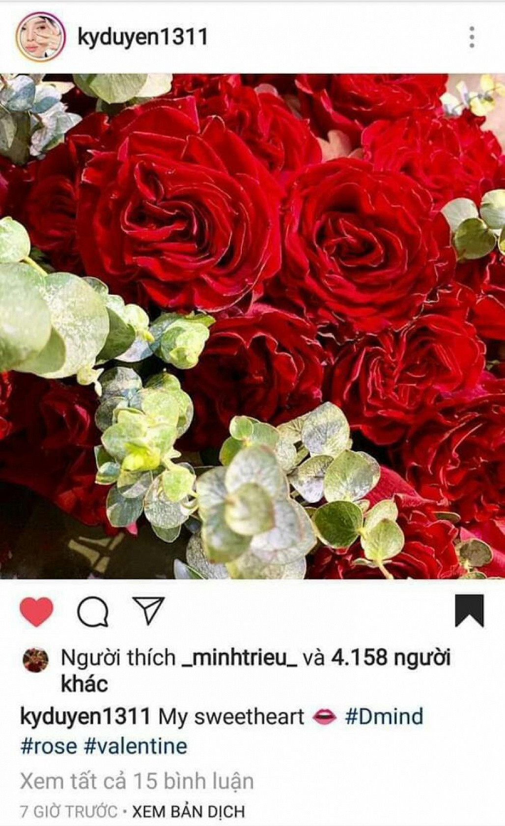 Dịp Valentine vừa qua, tin đồn Kỳ Duyên - Minh Triệu yêu đồng giới lại dấy lên khi hai người đẹp khoe bó hoa hồng khá giống nhau. Hoa hậu đăng tải bức ảnh chụp bó hoa lớn kèm lời khẳng định chủ quyền: "My sweetheart - Tình yêu của tôi".