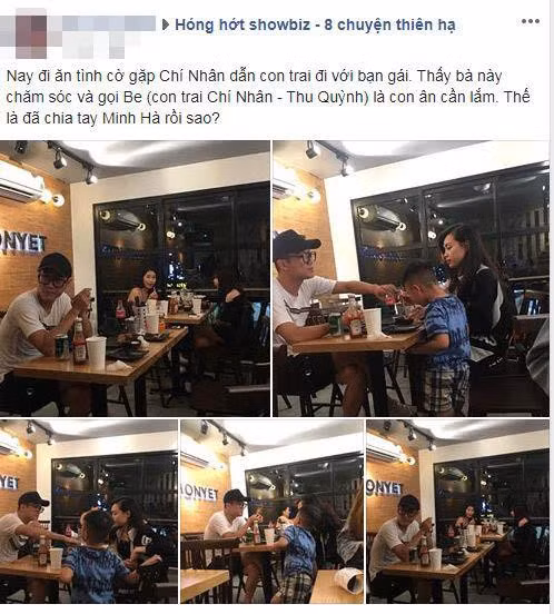 Mới đây, Chí Nhân vướng nghi vấn có bạn gái mới sau khi loạt ảnh nam diễn viên dẫn con trai đi ăn cùng một cô gái lạ mặt khá thân thiết được lan truyền trên mạng xã hội. Điều này càng làm nhiều người tin rằng tin đồn chồng cũ Thu Quỳnh và MC Minh Hà đã "đường ai nấy đi" dấy lên suốt thời gian qua là có thật.