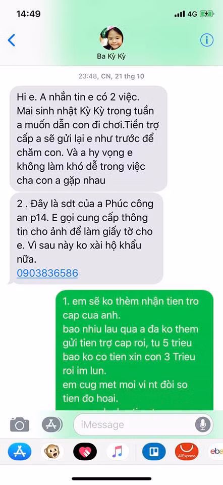 Từ Tết 2018 đến giờ, Hải chỉ có 2 lần chủ động liên hệ Châu nói muốn gặp con là tháng 4/2018 và tháng 10/2018, sau đó đề nghị đưa lại trợ cấp.