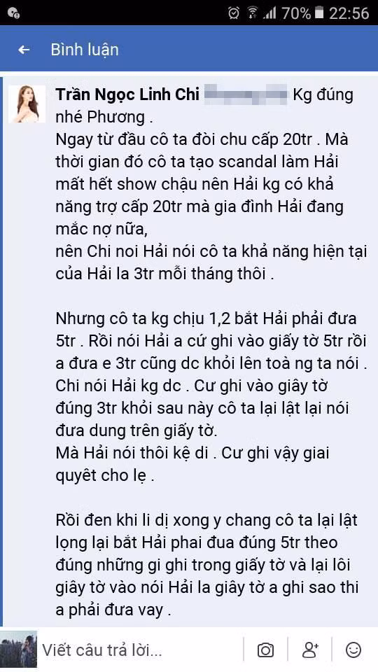 Không lâu sau khi Lý Phương Châu đáp trả Lâm Vinh Hải, bạn gái Linh Chi đã lên tiếng trong phần bình luận: "Ngay từ đâu cô ta đòi chu cấp 20 triệu. Mà thời gian đó cô ta tạo scandal làm Hải mất hết show chậu nên Hải không có khả năng trợ cấp 20 triệu mà nhà Hải cũng đang mắc nợ nữa. Nên Chi nói Hải nói với cô ta khả năng hiện tại của Hải là 3 triệu mỗi tháng thôi..."