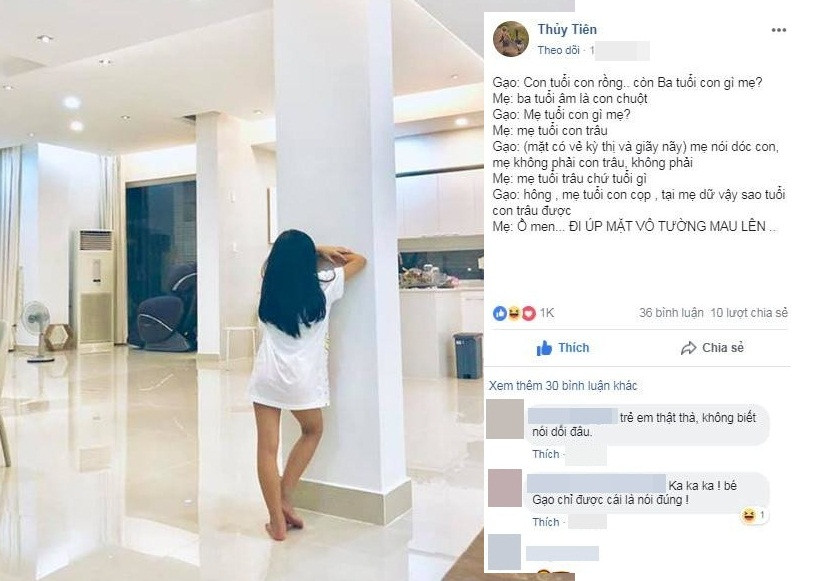 Trong một lần chia sẻ khác, cô con gái cưng bị mẹ bắt phạt úp mặt vào tường vì lỡ lời nói: "Mẹ tuổi Cọp chứ, tại mẹ dữ vậy sao tuổi Trâu được". Trái ngược với tự sức giận của mẹ Tiên, rất nhiều khán giả lại đứng về phe Bánh Gạo vì sự đáng yêu, suy nghĩ hồn nhiên, chân thật của cô bé.