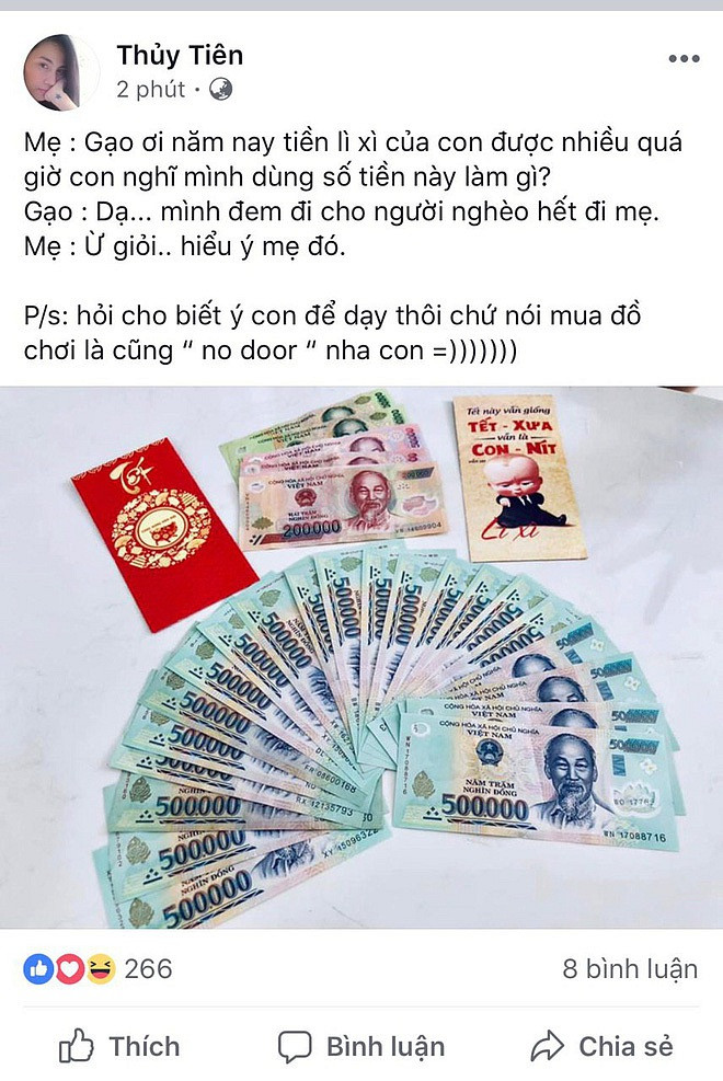 Thủy Tiên từng không giấu nổi niềm tự hào khi tiết lộ rằng Bánh Gạo muốn dành toàn bộ tiền mừng tuổi trong dịp năm mới 2019 để tặng cho người nghèo.