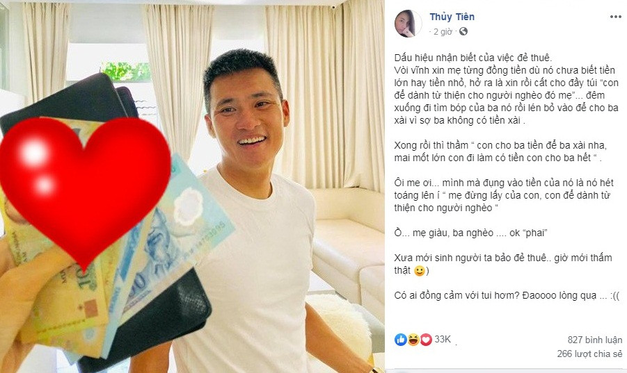 Mới đây nhất, con gái Thủy Tiên - Công Vinh khiến fan bật cười thích thú khi bị "vạch tội" thường xuyên vòi vĩnh mẹ từng đồng với lý do "để dành làm từ thiện cho người nghèo", nhưng thực chất là lén nhét tiền vào ví của ba Công Vinh vì sợ ba không có tiền xài. Có lẽ trong suy nghĩ của bé, mẹ là người giàu nên "cần phải làm từ thiện" cho ba vì ba nghèo.