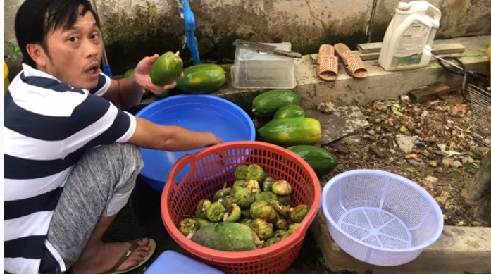 Nam nghệ sĩ hài khoe chiến lợi phẩm là đu đủ, quả vả... trong vườn cây trái xum xuê của mình.
