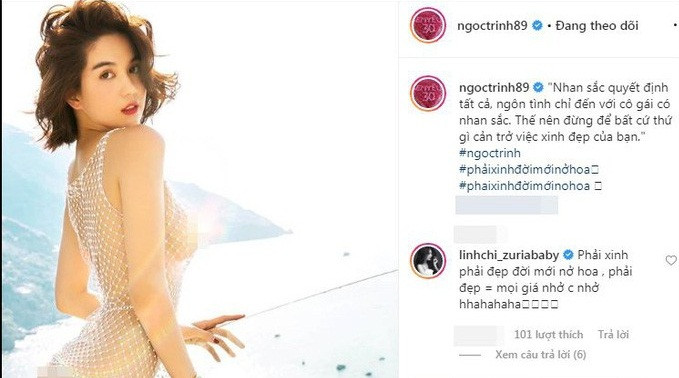 Cuối tháng 10, Ngọc Trinh đăng tải ảnh mặc áo lưới khoe thân hình gợi cảm cùng dòng trạng thái: "Nhan sắc quyết định tất cả. Ngôn tình chỉ đến với cô gái có nhan sắc...". Dù chỉ là đoạn triết lý sưu tầm trên mạng nhưng cũng đủ khiến "nữ hoàng nội y" nhận nhiều "gạch đá" khi bị cho là đề cao sắc đẹp hơn tri thức và tâm hồn đẹp.
