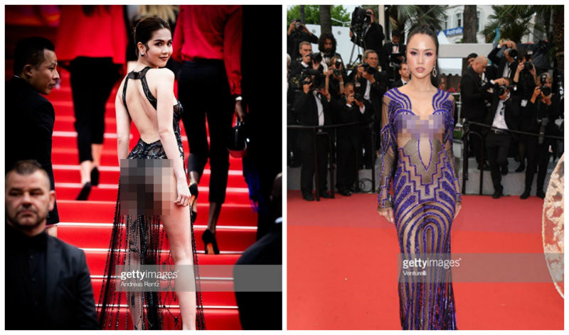 Ngọc Trinh và Vũ Ngọc Anh là hai trong số những mỹ nhân Việt gây chú ý nhiều nhất khi làm "náo loạn" thảm đỏ Cannes vài năm trở lại đây với trang phục "mặc như không mặc". Ảnh: Gettyinmages.