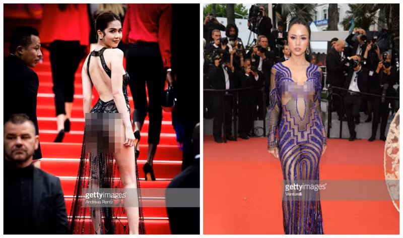Ngọc Trinh và Vũ Ngọc Anh là hai trong số những mỹ nhân Việt gây chú ý nhiều nhất khi làm "náo loạn" thảm đỏ Cannes vài năm trở lại đây với trang phục "mặc như không mặc". Ảnh: Gettyinmages.