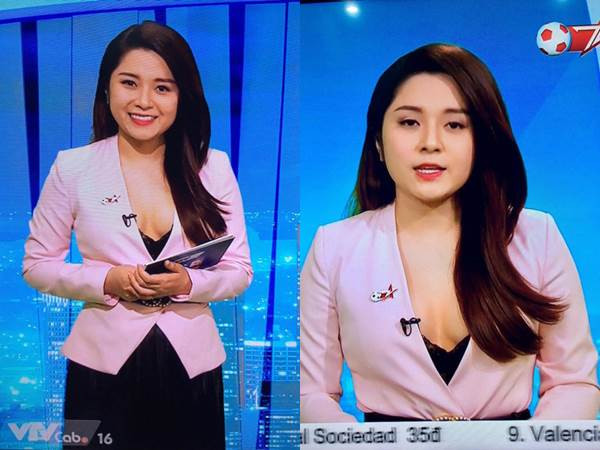 MC Diệu Linh của kênh Bóng đá TV cũng từng gây tranh cãi khi diện trang phục “hở bạo”, khoe vòng 1 lấp ló trên sóng truyền hình.