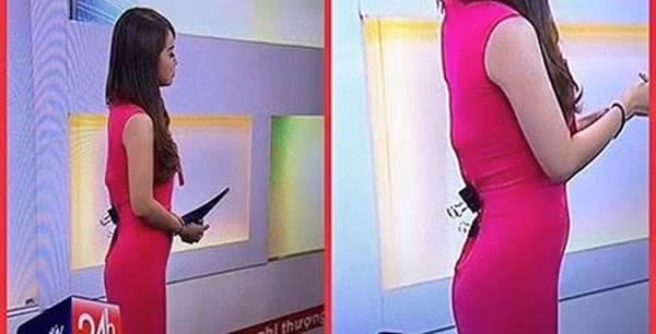 Mặc dù BTV Trúc Mai đã chủ động "chữa cháy" bộ đồ quá rộng trước khi lên sóng, thế nhưng camera đã ghi lại được cảnh này.