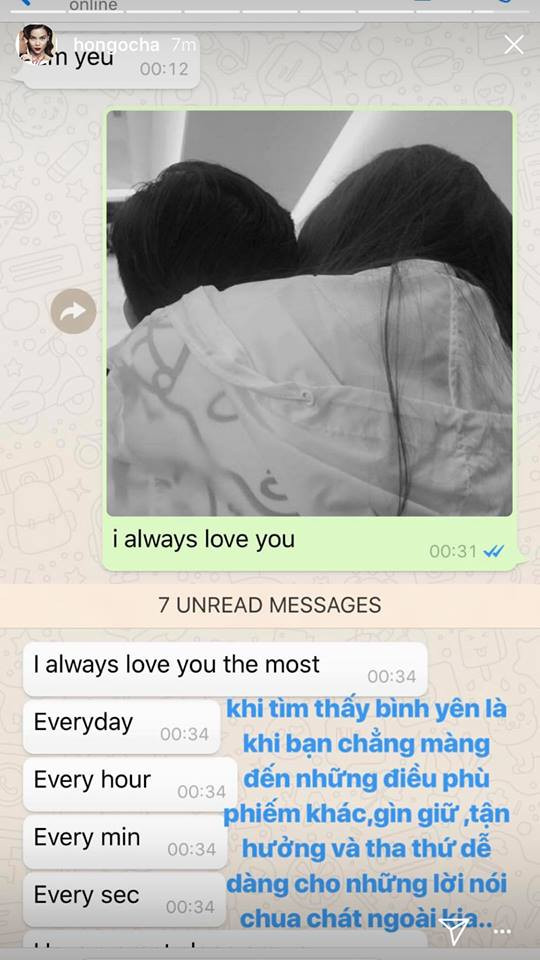 Cuối tháng 6 vừa qua, Hồ Ngọc Hà còn công khai lời Kim Lý tỏ tình: "Anh yêu em hơn mọi thứ trên đời, yêu em qua từng phút giây". Đây được xem như một cách để cô đáp lại tình cảm của nam diễn viên "Hương ga" dành cho mình.