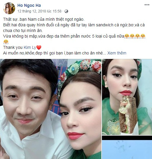 Sau gần 2 năm hẹn hò, đây là lần đầu tiên "nữ hoàng giải trí" hết lời khen ngợi người yêu của mình khi được chăm sóc tận tình. "Thật sự... bạn nam của mình thiệt ngọt ngào. Biết hai đứa quay hình đuối cả ngày đã tự tay làm sandwich cá ngừ, bơ, và cà chua cho tụi mình ăn", Hà Hồ khen Kim Lý khi chuẩn bị đồ ăn cho cô và Trấn Thành đi quay chương trình.