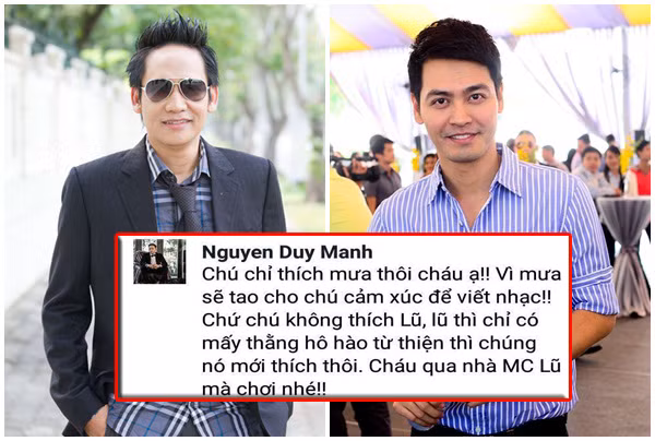 Đây không phải lần đầu Duy Mạnh "đá xéo" Phan Anh quanh vấn đề của nam MC. Theo đó, khi được fan hỏi về việc làm từ thiện, Duy Mạnh nói: "Mấy chục củ làm gì mà tuyệt!? Tưởng vài trăm củ hay hô hào từ thiện 1 phát được vài chục tỷ mới là tuyệt vời chứ!!?" hay "Chú chỉ thích mưa thôi cháu ạ! Vì mưa sẽ tạo cho chú cảm giác để viết nhạc, chứ chú không thích lũ, lũ thì chỉ có mấy thằng hô hào từ thiện thì chúng mới thích thôi. Cháu qua nhà MC lũ mà chơi nhé!".