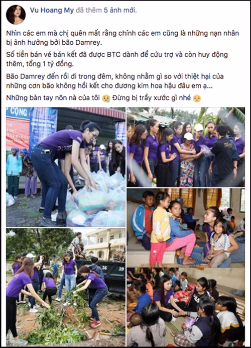 Theo đó, trước ý kiến thắc mắc tại sao đêm bán kết cuộc thi Hoa hậu Hoàn vũ Việt Nam 2017 vẫn diễn ra bình thường giữa mưa bão, Hoàng My viết: "Bão Damrey đến rồi đi trong đêm, không nhằm gì so với thiệt hại của những cơn bão không hồi kết cho đương kim hoa hậu đâu em ạ. Những bàn tay nõn nà của tôi, đừng bị trầy xước gì nhé". Ảnh: FBNV.