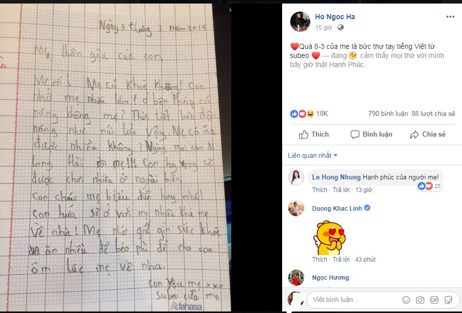 "Chờ mãi anh mới viết bức thư tiếng Việt tình cảm này", vợ cũ Cường Đô la không giấu nổi niềm hạnh phúc khi nhận được món quà 8/3 đặc biệt từ con trai.