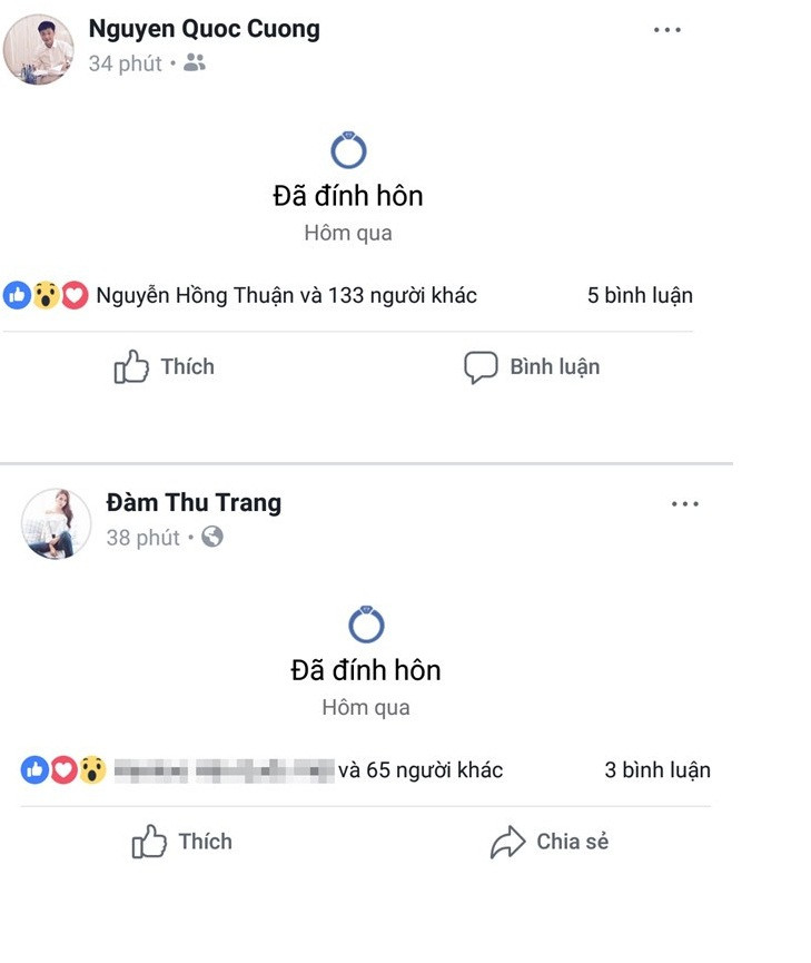 Im lặng suốt 2 tháng sau tin đồn hẹn hò, vào ngày 23/9/2017, Cường Đô La và Đàm Thu Trang bất ngờ thay đổi trạng thái "đã đính hôn". Dù úp mở chuyện hẹn hò nhưng doanh nhân phố núi và bạn gái người mẫu vẫn nhận được nhiều lời chúc mừng từ bạn bè.