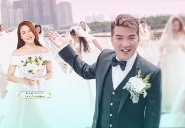 Một thành viên khác thậm chí còn ghép ảnh "chú rể" Đàm Vĩnh Hưng rạng rỡ bên "cô dâu" Mỹ Tâm vô cùng xinh đẹp.