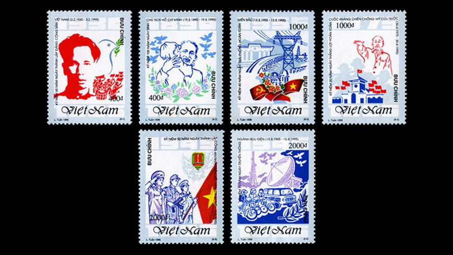 Bộ tem "Kỷ niệm 50 năm Cách mạng tháng Tám và Quốc khánh 2/9" gồm 06 mẫu, phát hành năm 1995.