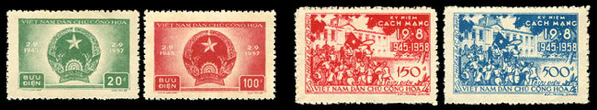 Bộ tem "Kỷ niệm lần thứ 12 Quốc khánh nước Việt Nam Dân chủ Cộng hoà" gồm 02 mẫu, phát hành năm 1957 (bên trái) và bộ tem "Kỷ niệm lần thứ 13 Cách mạng Tháng Tám" gồm 02 mẫu, phát hành năm 1958. Theo dòng sự kiện