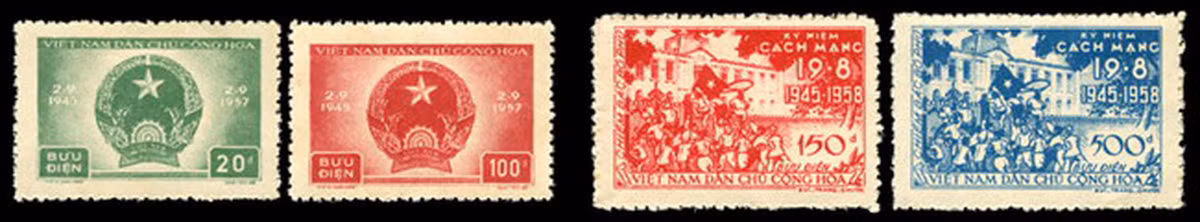 Bộ tem "Kỷ niệm lần thứ 12 Quốc khánh nước Việt Nam Dân chủ Cộng hoà" gồm 02 mẫu, phát hành năm 1957 (bên trái) và bộ tem "Kỷ niệm lần thứ 13 Cách mạng Tháng Tám" gồm 02 mẫu, phát hành năm 1958. Theo dòng sự kiện