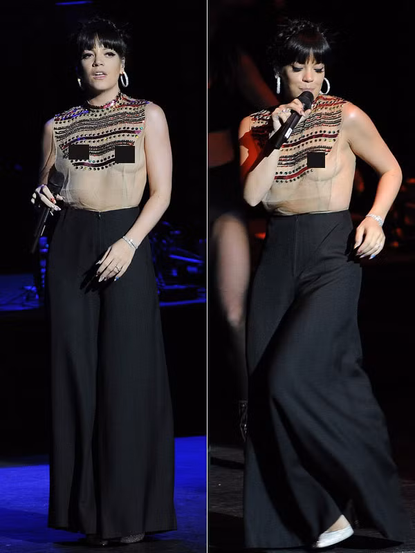 Lily Allen cho vòng một chào khán giả khi lộ nguyên sau lớp áo mỏng tang.